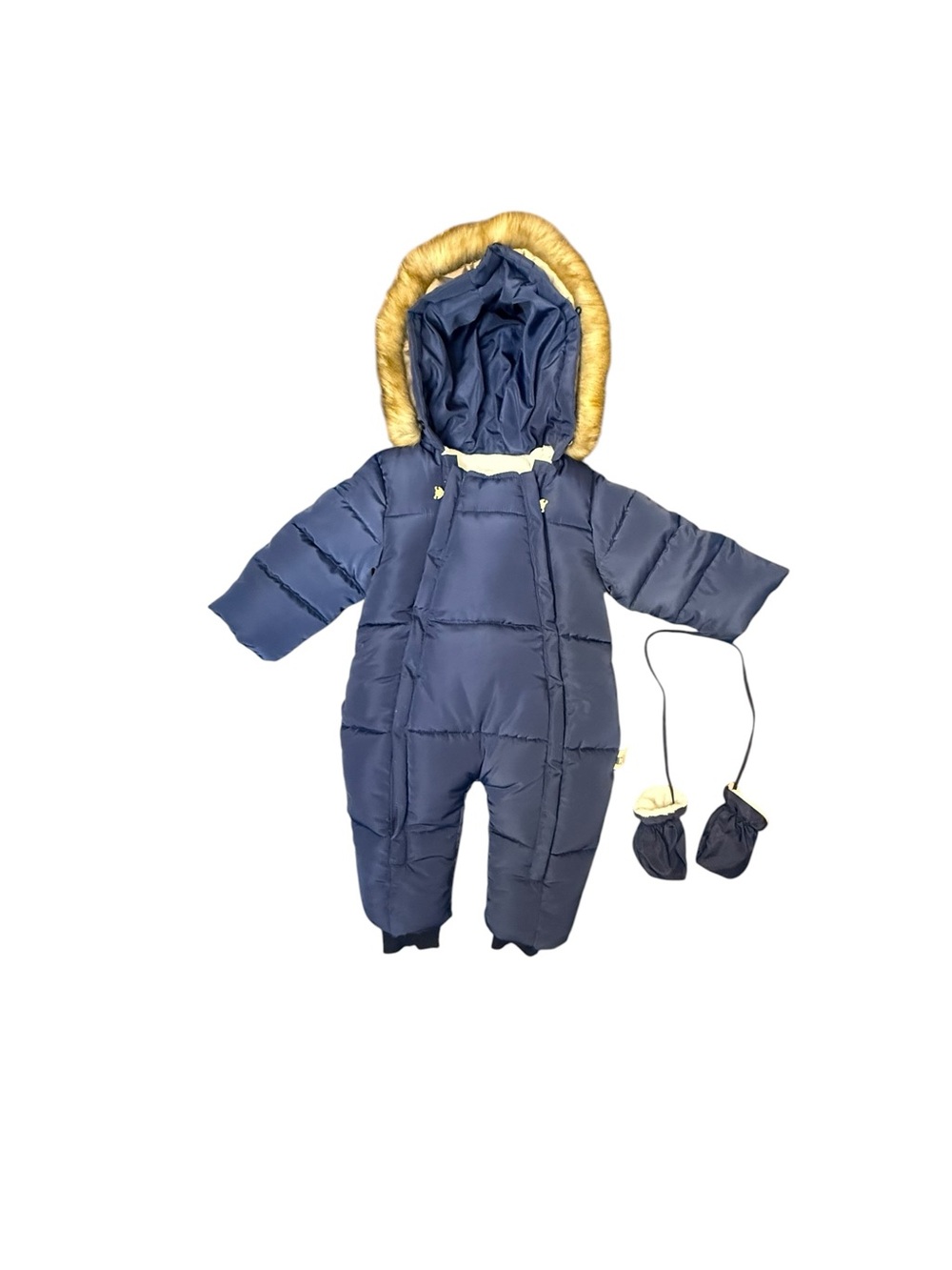 MURMURBEAR Baby Snowsuit Size 18-24 Months Navy Blue Hooded With Gloves Faux Fur